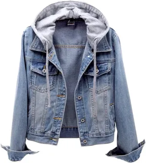 Cropped Denim Jacket for Women Casual Detachable Hoodie Jean Jacket Button Down Long Sleeves Short Shacket Coat Pocket