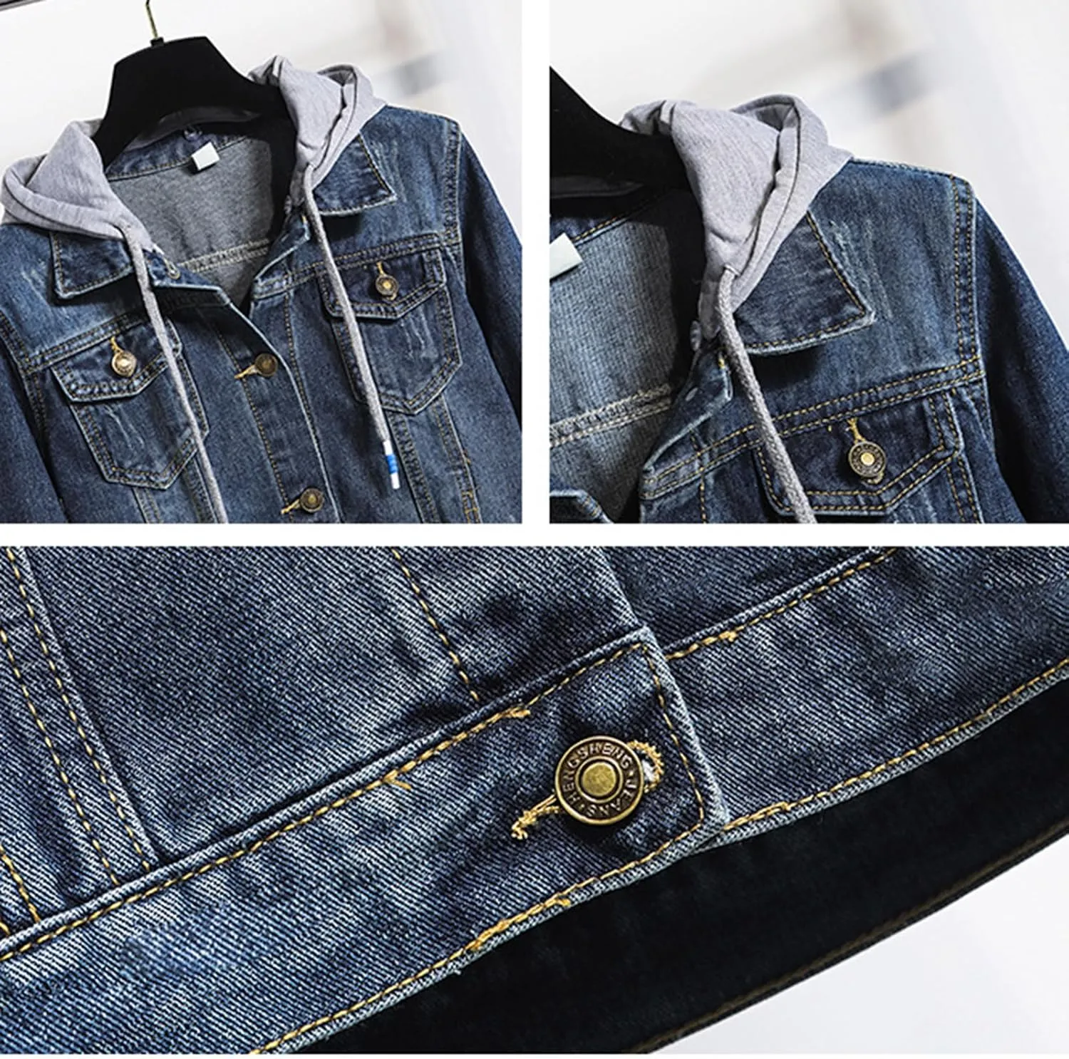 Cropped Denim Jacket for Women Casual Detachable Hoodie Jean Jacket Button Down Long Sleeves Short Shacket Coat Pocket