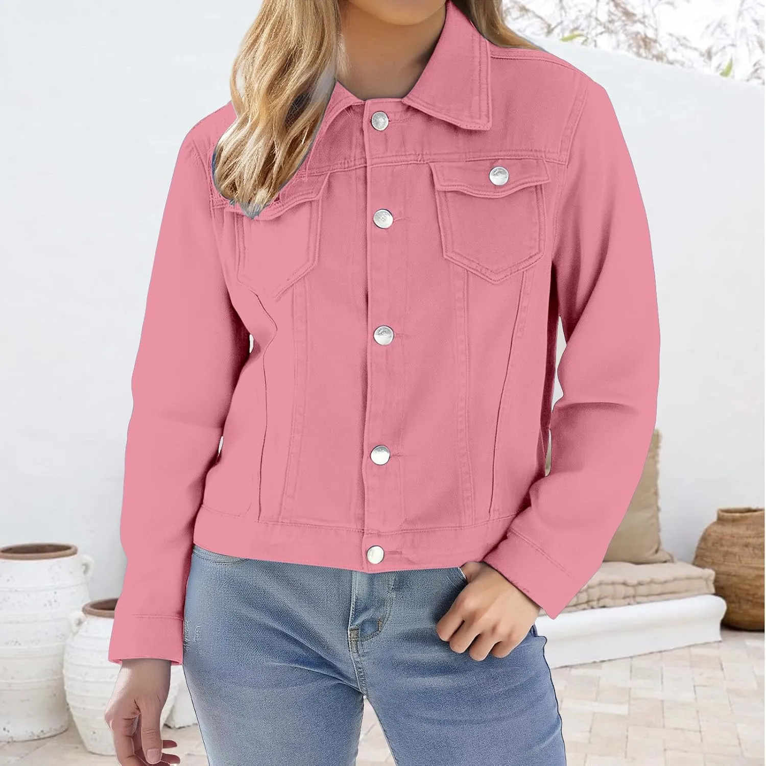 Cropped Denim Jacket for Women Lightweight Basic Button Down Stretch Fitted Long Sleeves Jean Jacket with Pockets
