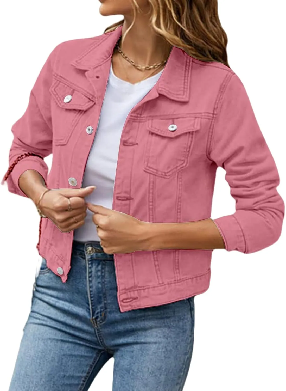 Cropped Denim Jacket for Women Lightweight Basic Button Down Stretch Fitted Long Sleeves Jean Jacket with Pockets