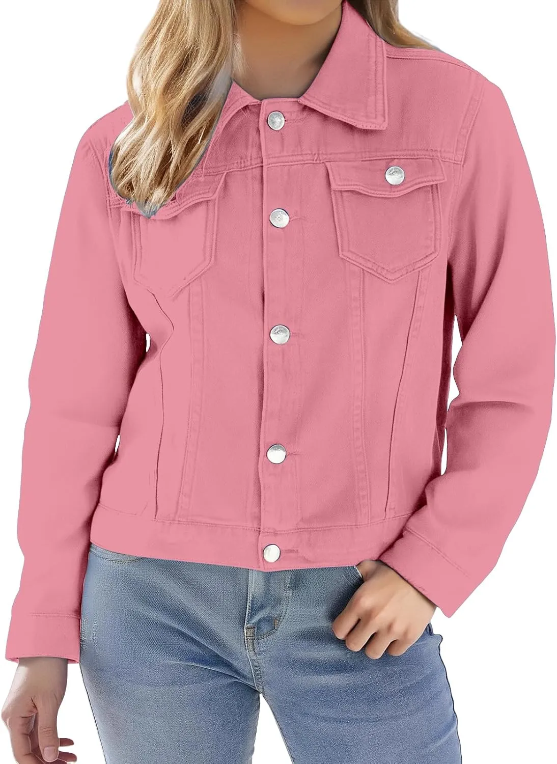 Cropped Denim Jacket for Women Lightweight Basic Button Down Stretch Fitted Long Sleeves Jean Jacket with Pockets