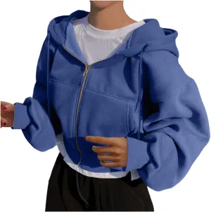 Cropped Hoodie for Women Trendy Long Sleeve Loose Fit Sweatshirts Drawstring Casual Zip Up Summer Sweatshirt Clothes