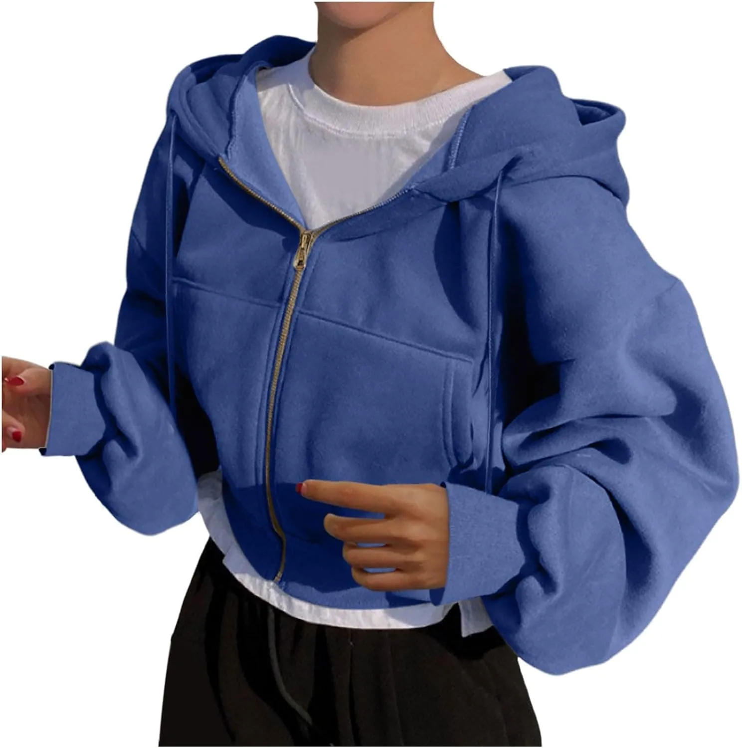 Cropped Hoodie for Women Trendy Long Sleeve Loose Fit Sweatshirts Drawstring Casual Zip Up Summer Sweatshirt Clothes