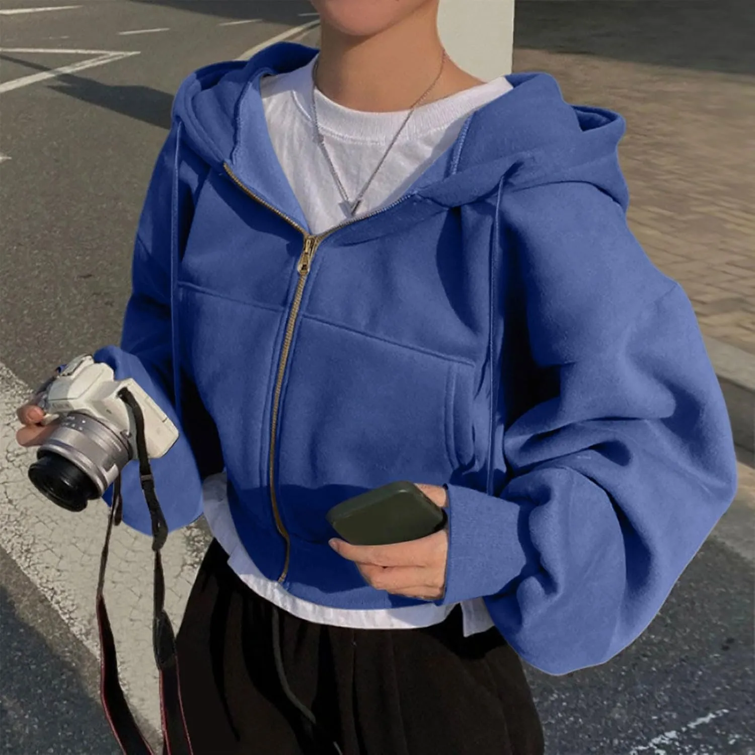 Cropped Hoodie for Women Trendy Long Sleeve Loose Fit Sweatshirts Drawstring Casual Zip Up Summer Sweatshirt Clothes
