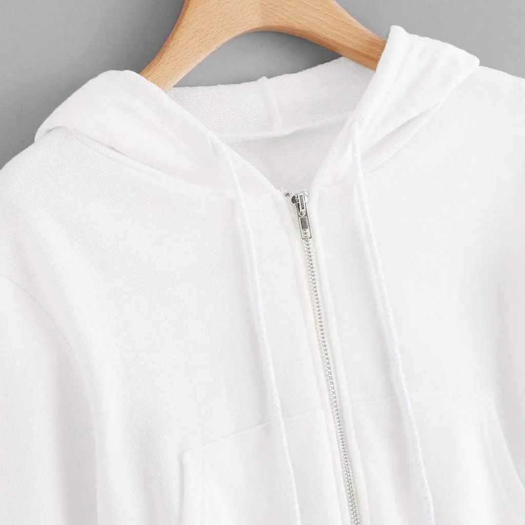 Cropped Hoodies for Women Casual Solid Color Zipper Long Sleeve Tops Fall Sweatshirts Adult Pullover with Pockets