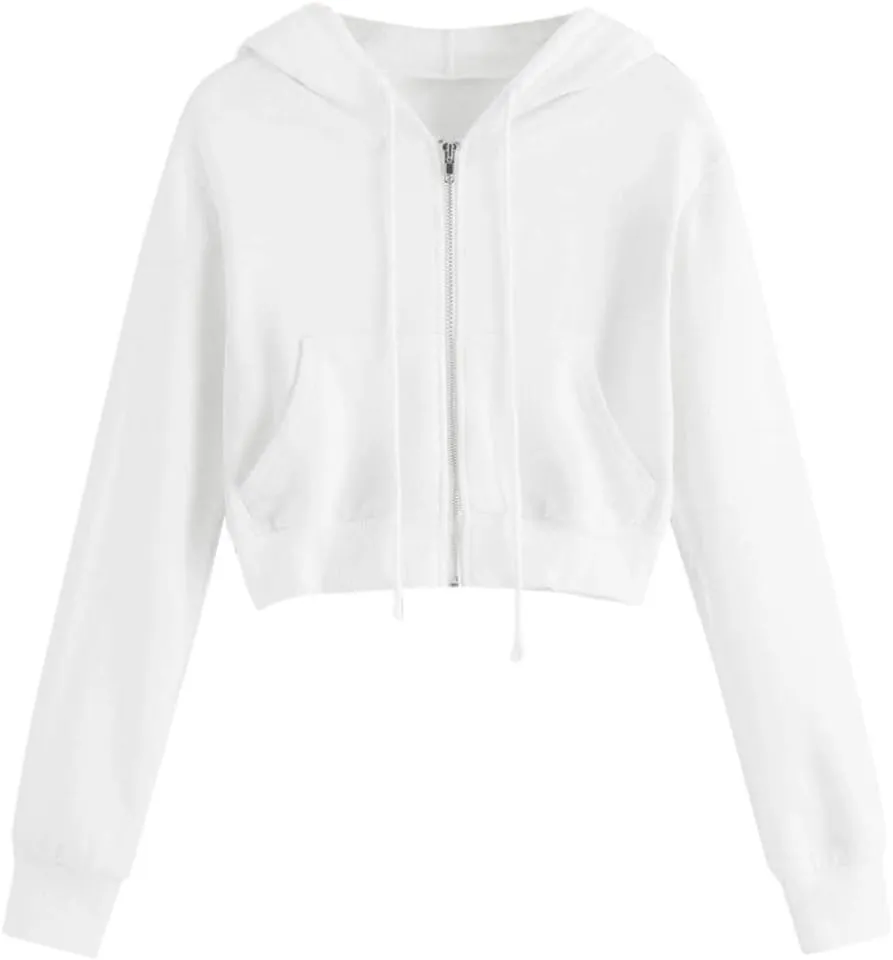 Cropped Hoodies for Women Casual Solid Color Zipper Long Sleeve Tops Fall Sweatshirts Adult Pullover with Pockets