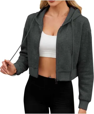 Cropped Hoodies for Women Zip Up Drawstring Hooded Short Sweatshirts Teen Girls Y2K Fashion Track Jackets