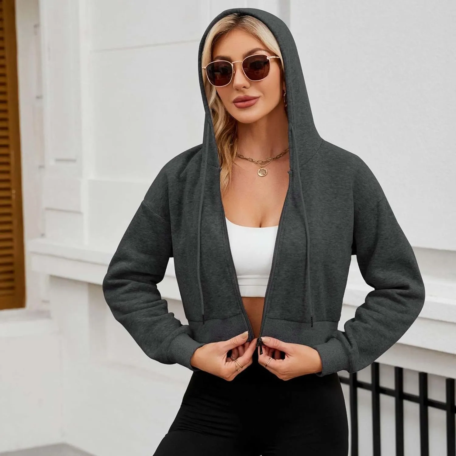 Cropped Hoodies for Women Zip Up Drawstring Hooded Short Sweatshirts Teen Girls Y2K Fashion Track Jackets