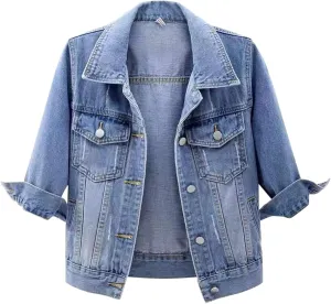 Cropped Jean Jacket for Women 3/4 Sleeve Colored Crop Denim Jacket Light Wash Short Jean Jackets Trucker Coat Pockets