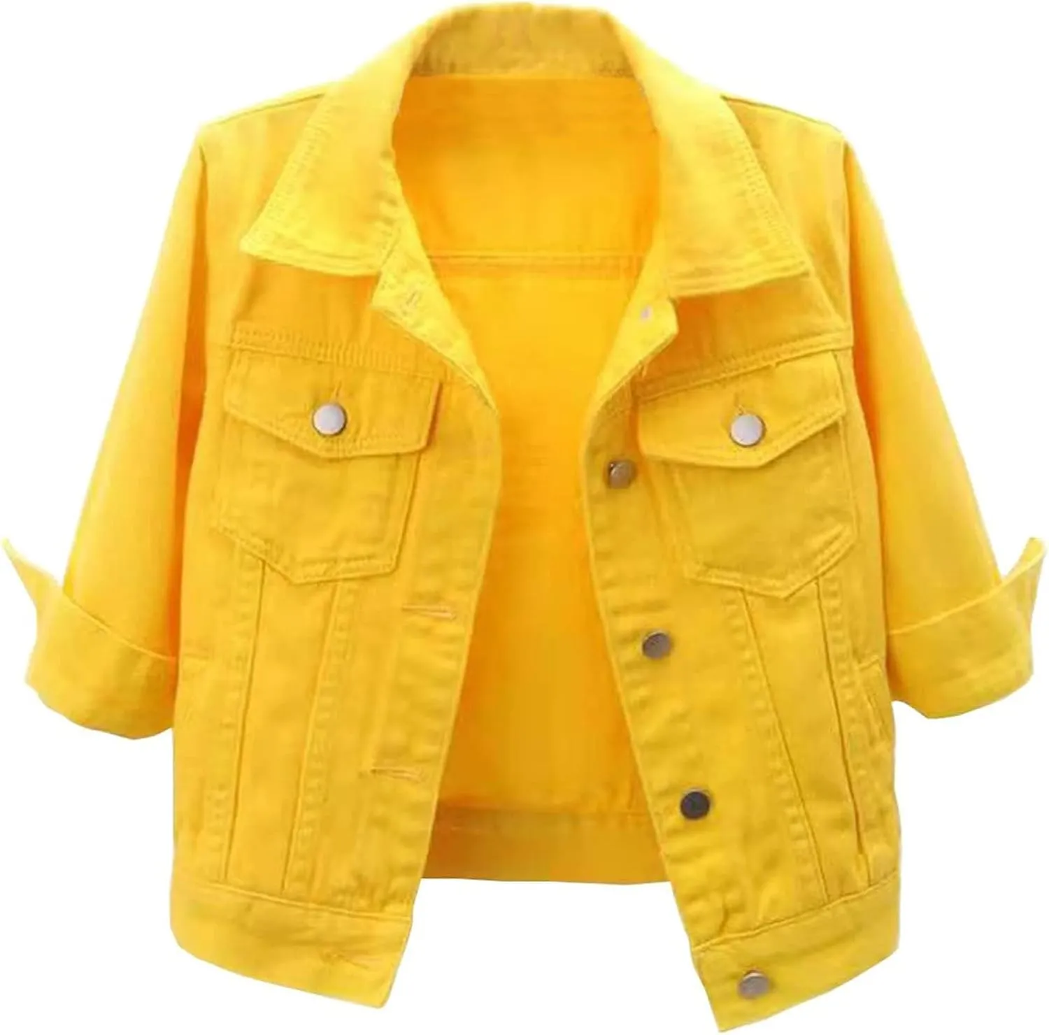 Cropped Jean Jacket for Women 3/4 Sleeve Short Denim Jacket Colored Casual Light Button Crop Trucker Jean Jackets Coat