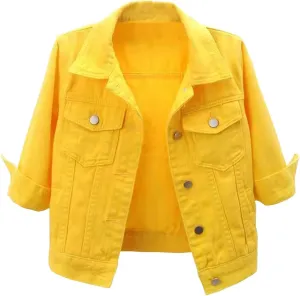 Cropped Jean Jacket for Women 3/4 Sleeve Short Denim Jacket Colored Casual Light Button Crop Trucker Jean Jackets Coat