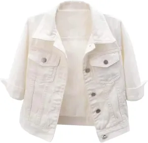 Cropped Jean Jacket for Women 3/4 Sleeve Short Denim Jacket Colored Casual Light Button Crop Trucker Jean Jackets Coat