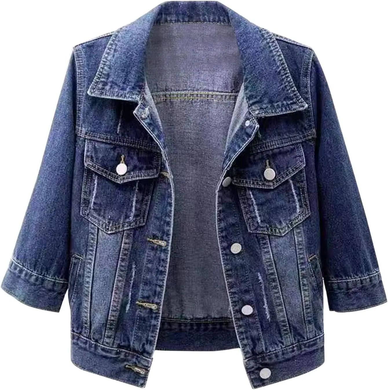 Cropped Jean Jacket for Women 3/4 Sleeve Short Denim Jacket Colored Casual Light Button Crop Trucker Jean Jackets Coat
