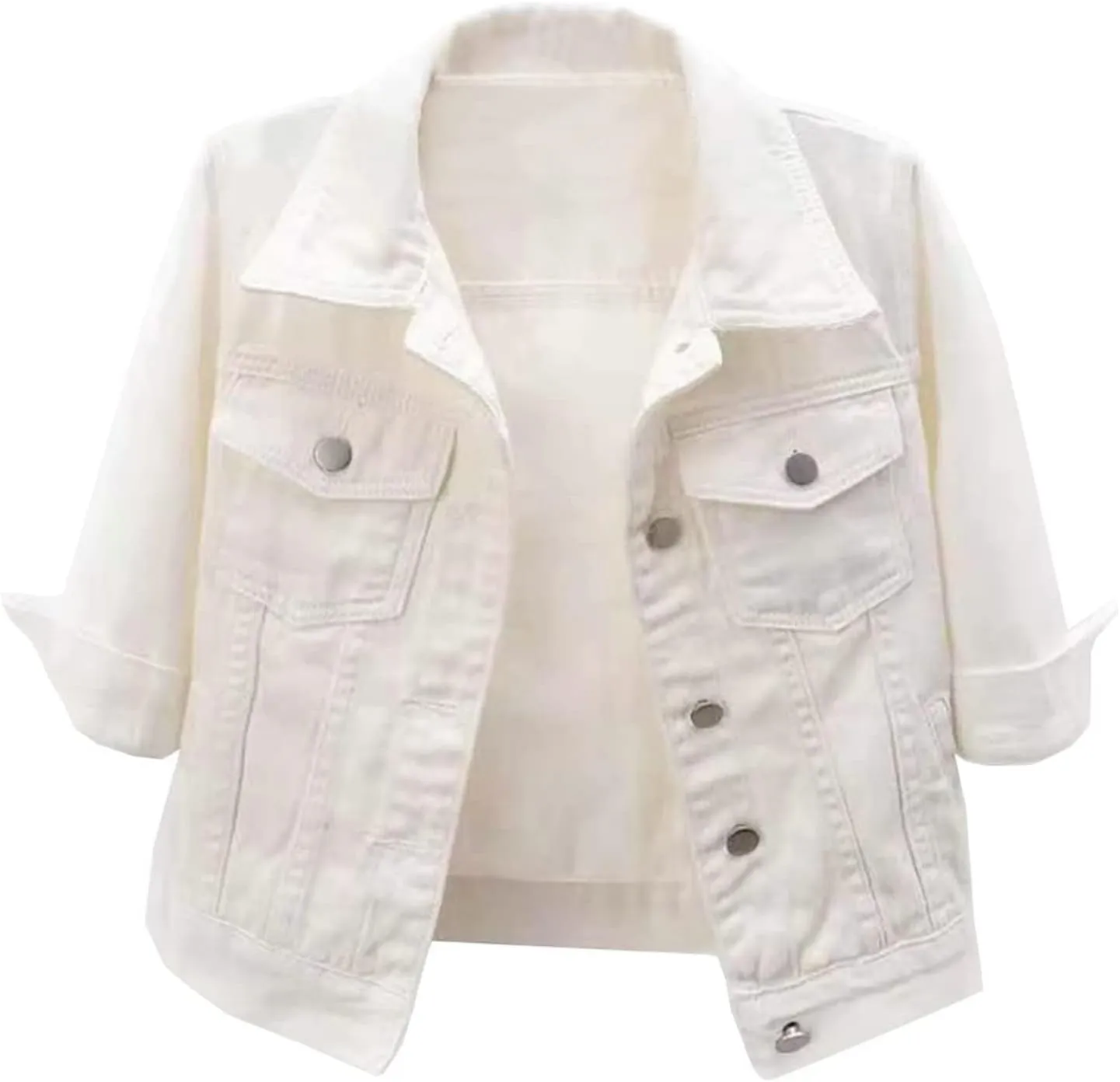 Cropped Jean Jacket for Women 3/4 Sleeve Short Denim Jacket Colored Casual Light Button Crop Trucker Jean Jackets Coat