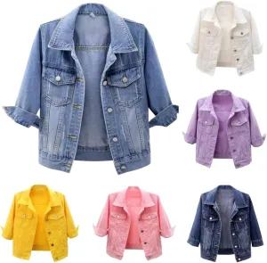 Cropped Jean Jacket for Women 3/4 Sleeve Short Denim Jacket Colored Casual Light Button Crop Trucker Jean Jackets Coat