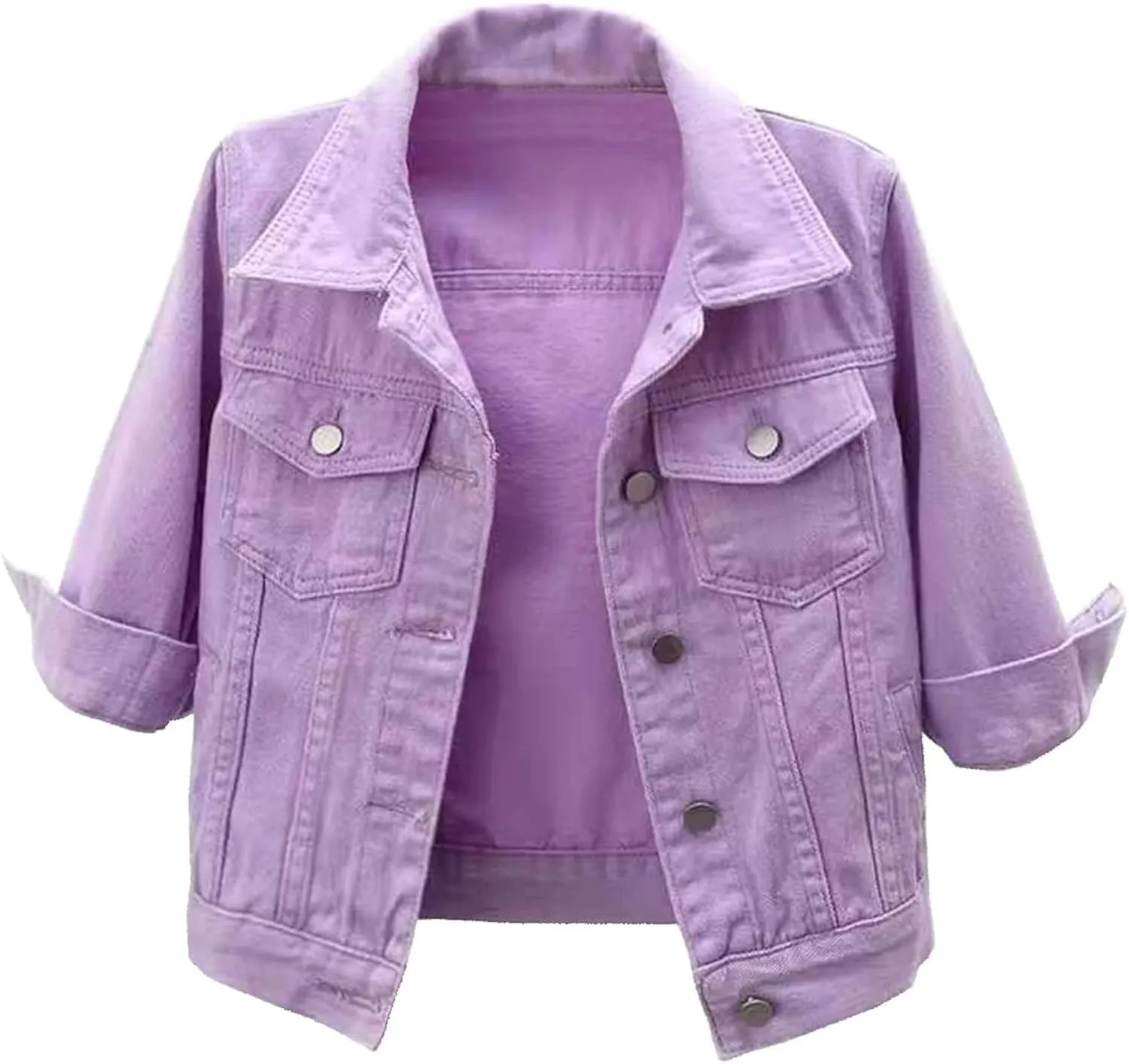 Cropped Jean Jacket for Women 3/4 Sleeve Short Denim Jacket Colored Casual Light Button Crop Trucker Jean Jackets Coat