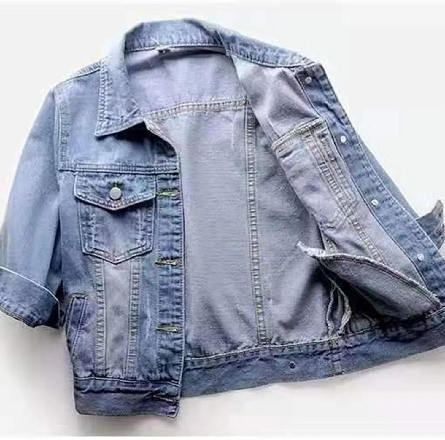 Cropped Jean Jacket for Women 3/4 Sleeve Short Denim Jacket Colored Casual Light Button Crop Trucker Jean Jackets Coat