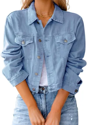 Cropped Jean Jacket for Women Trendy Button Down Stretch Fitted Long Sleeves Denim Jacket Trucker Short Coat Pockets