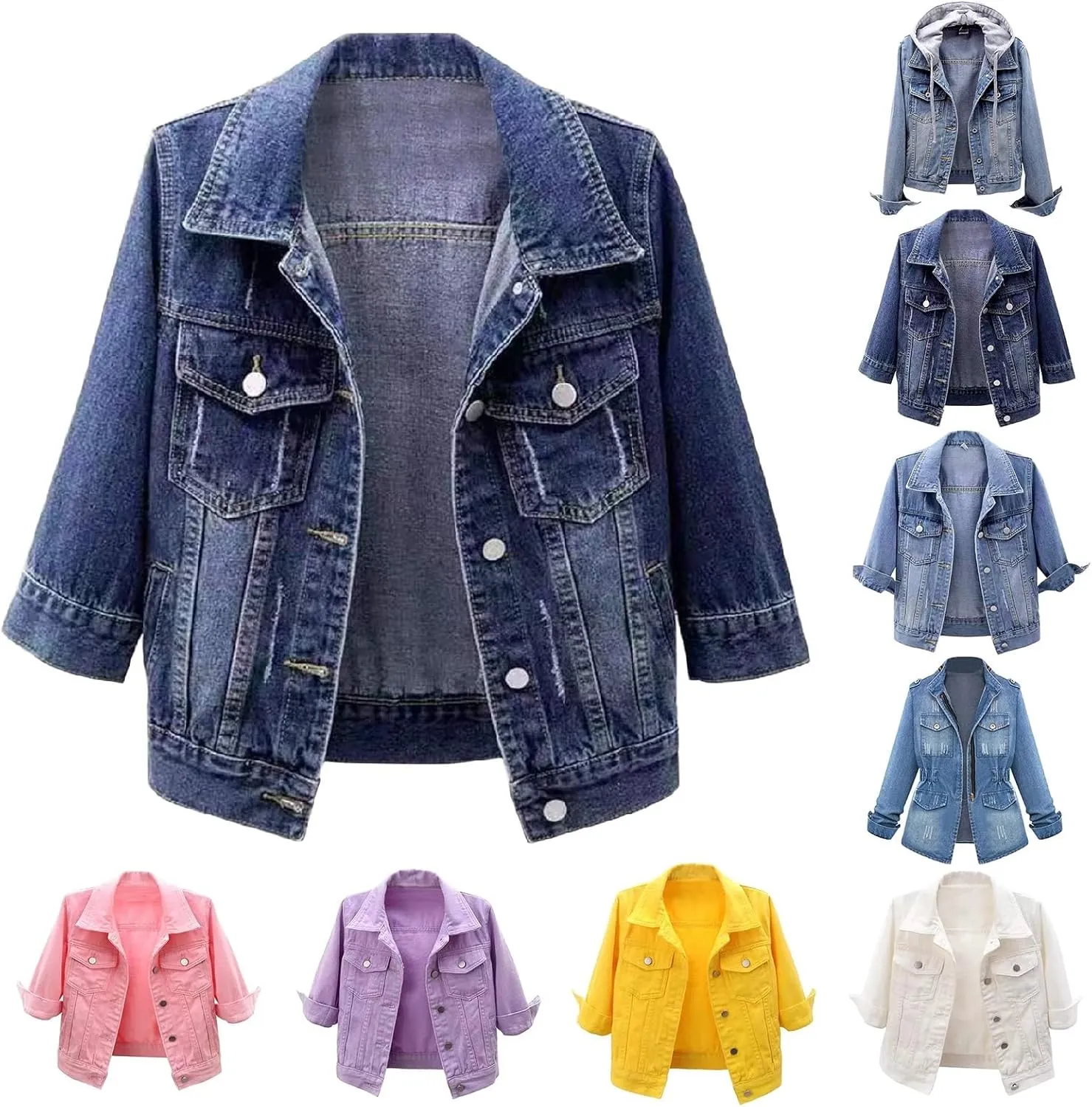 Cropped Jean Jackets for Women Casual 3/4 Sleeve Jean Jackets Lightweight Denim Jackets Button Down Trucker Coats
