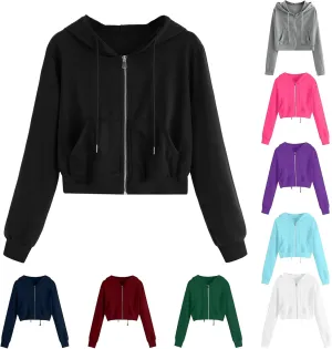 Cropped Sweatshirts for Women Zip Up Jackets Drawstring Hoodies Solid Color Sweatshirts Workout Tops with Pockets