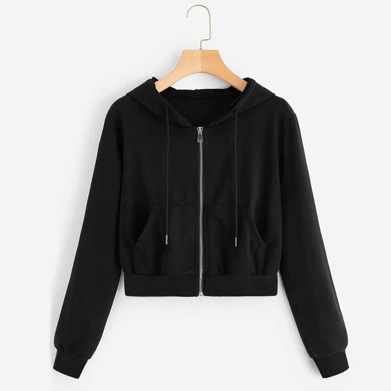 Cropped Sweatshirts for Women Zip Up Jackets Drawstring Hoodies Solid Color Sweatshirts Workout Tops with Pockets
