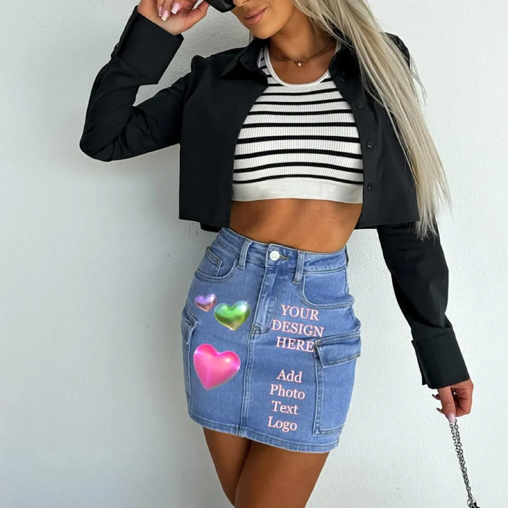 Custom Denim Mini Skirts Design Your Own Customized High Waist Bodycon Jean Skirts Personalized Add Image/Text/Logo for Women