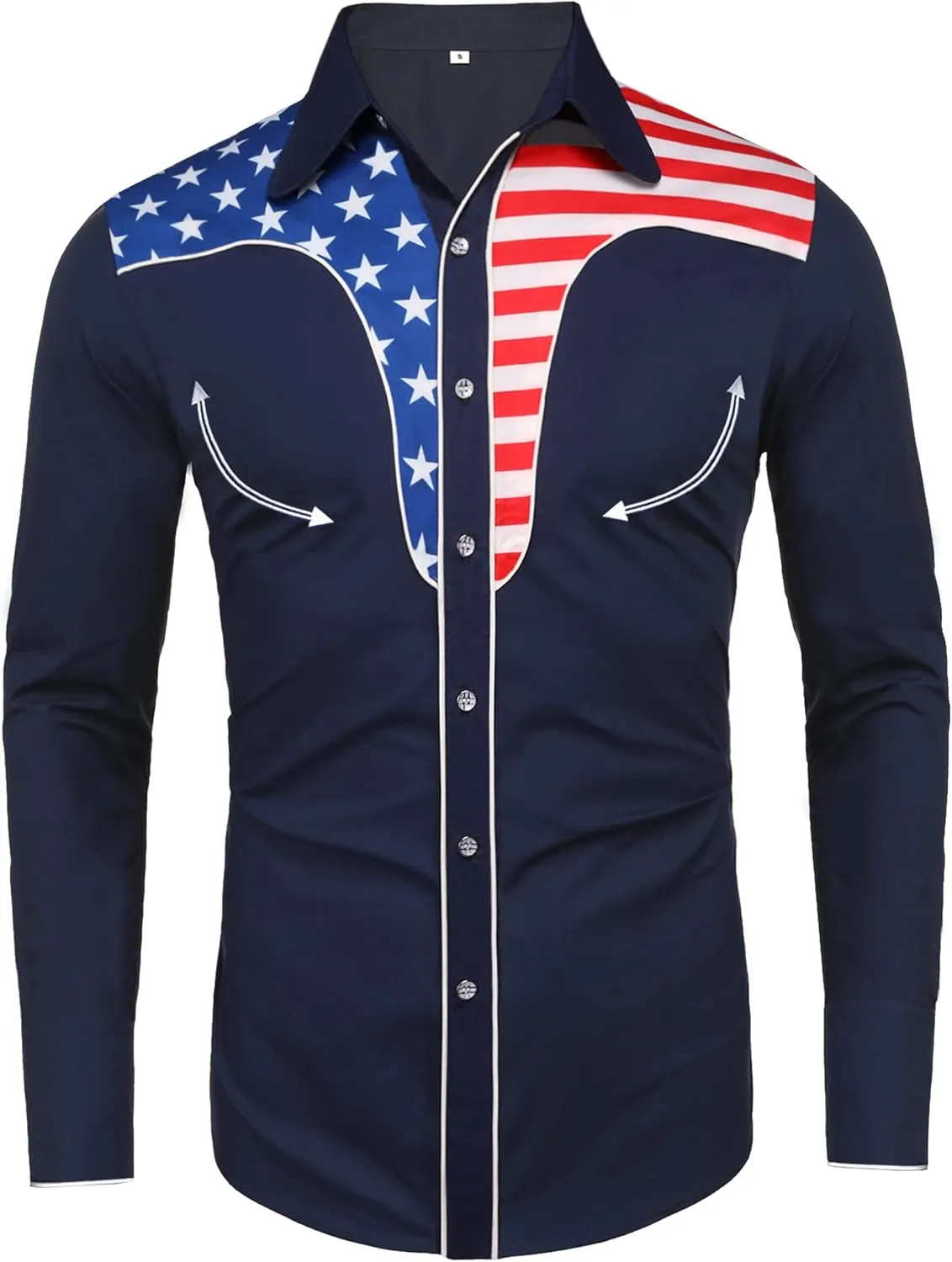 Daupanzees Men's Long Sleeve Embroidered Shirts Slim Fit American Flag Button Down Shirts