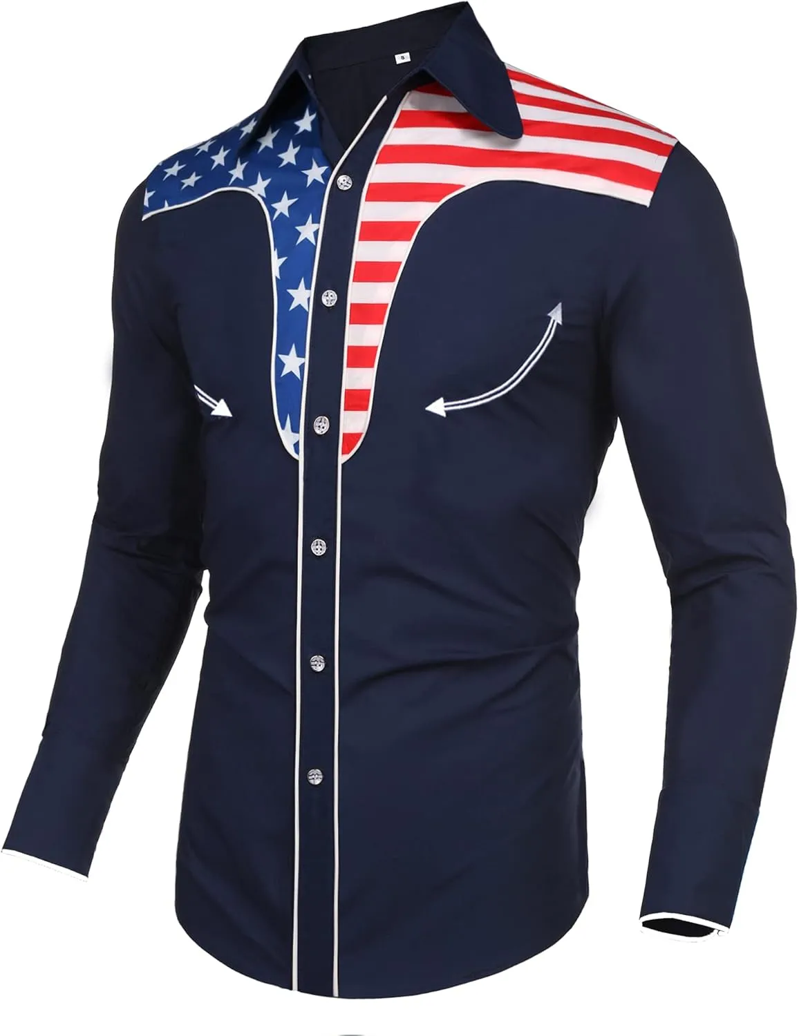 Daupanzees Men's Long Sleeve Embroidered Shirts Slim Fit American Flag Button Down Shirts