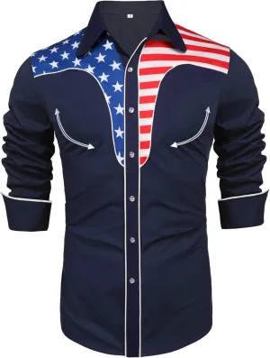 Daupanzees Men's Long Sleeve Embroidered Shirts Slim Fit American Flag Button Down Shirts
