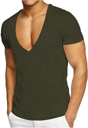 Deep V Neck T Shirt for Mens Premium Fitted Soft Men T-Shirts Trendy Casual Summer Breathable Slim Fit Solid Tops
