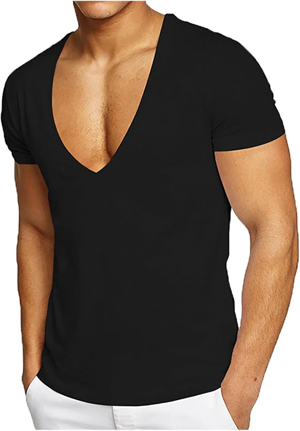 Deep V Neck T Shirt for Mens Premium Fitted Soft Men T-Shirts Trendy Casual Summer Breathable Slim Fit Solid Tops