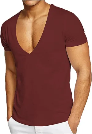 Deep V Neck T Shirt for Mens Premium Fitted Soft Men T-Shirts Trendy Casual Summer Breathable Slim Fit Solid Tops