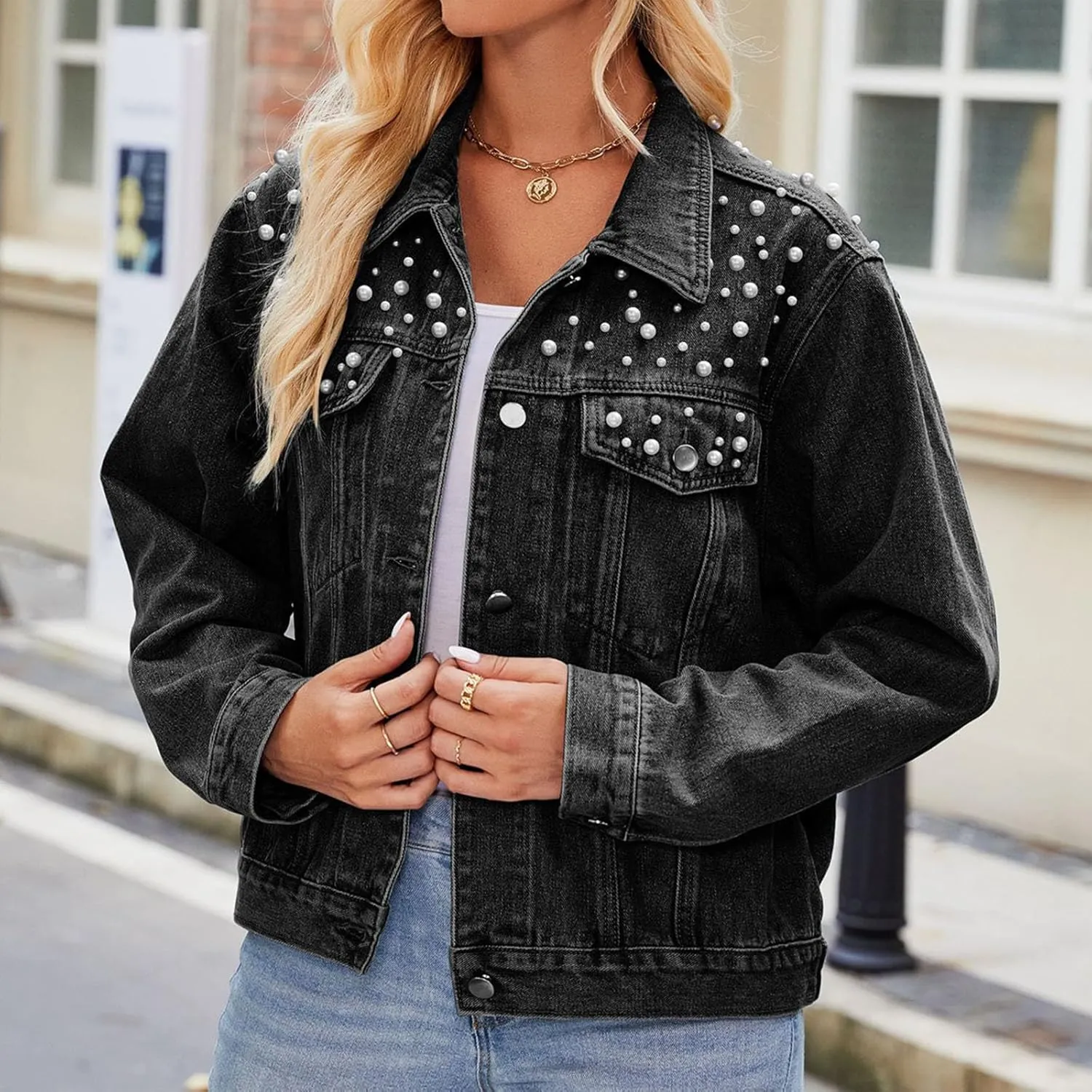 Denim Jacket for Women 2024 Embellished Jean Jackets Long Sleeve Button Down Western Trucker Jacket Coat Fall Outfits