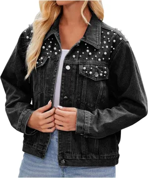 Denim Jacket for Women 2024 Embellished Jean Jackets Long Sleeve Button Down Western Trucker Jacket Coat Fall Outfits