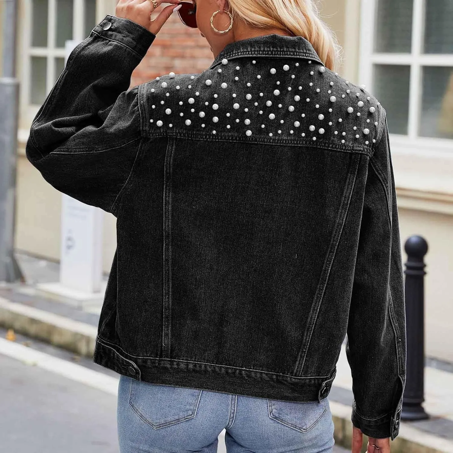 Denim Jacket for Women 2024 Embellished Jean Jackets Long Sleeve Button Down Western Trucker Jacket Coat Fall Outfits