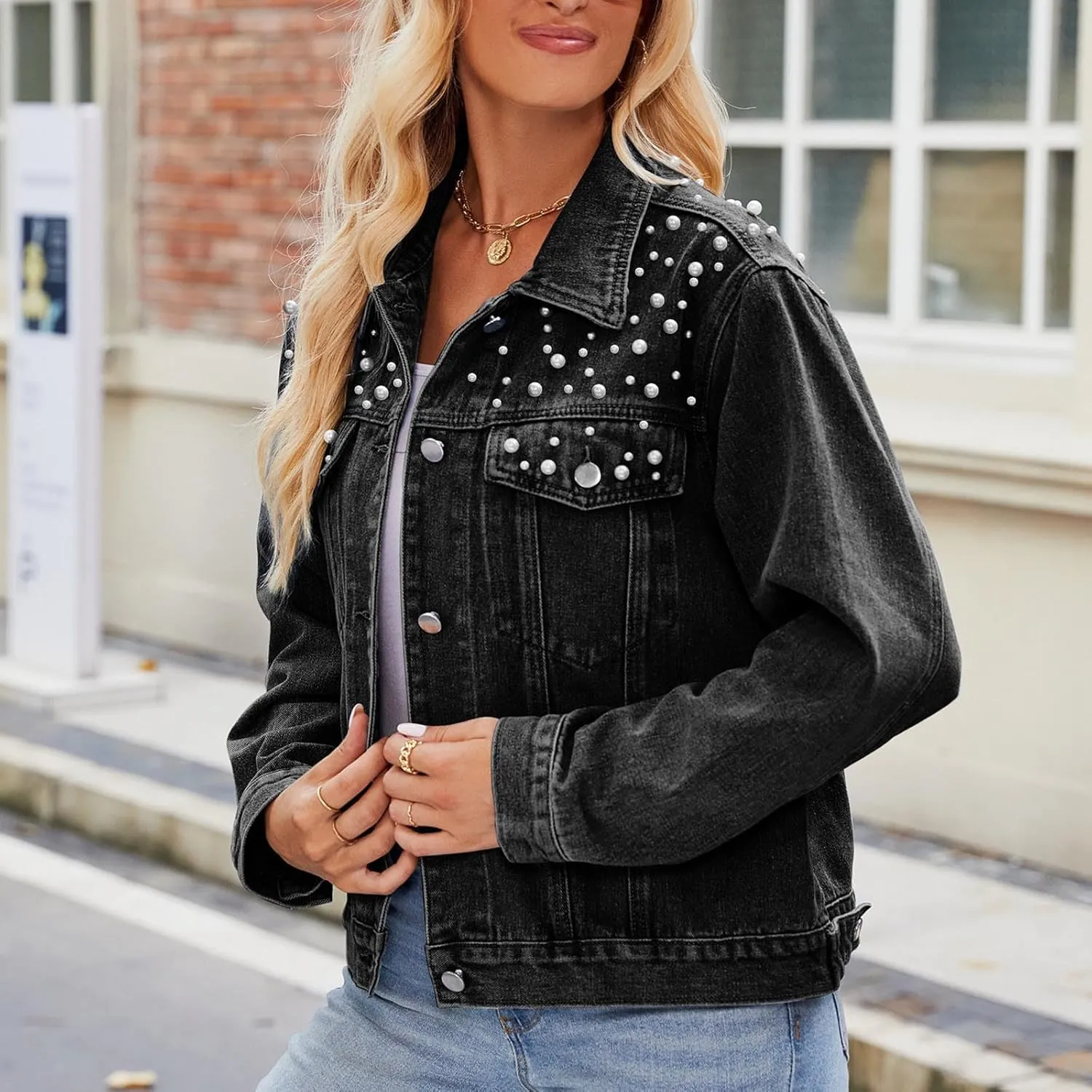 Denim Jacket for Women 2024 Embellished Jean Jackets Long Sleeve Button Down Western Trucker Jacket Coat Fall Outfits