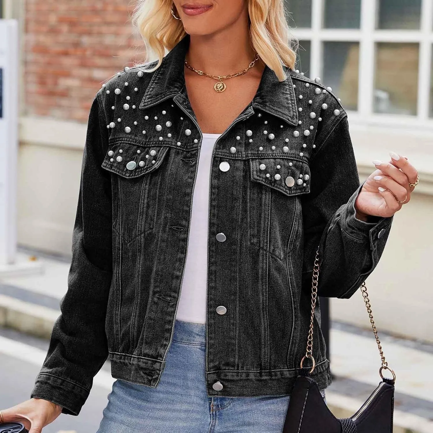 Denim Jacket for Women 2024 Embellished Jean Jackets Long Sleeve Button Down Western Trucker Jacket Coat Fall Outfits