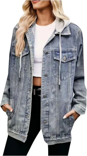 Denim Jacket for Women Oversized Lightweight Trendy Hoodies Jeans Jacket Women Casual Dressy Plus Size Trucker Jacket