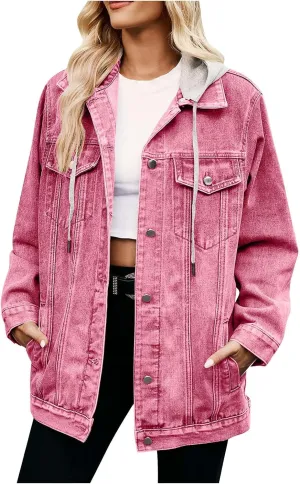 Denim Jacket for Women Oversized Lightweight Trendy Hoodies Jeans Jacket Women Casual Dressy Plus Size Trucker Jacket