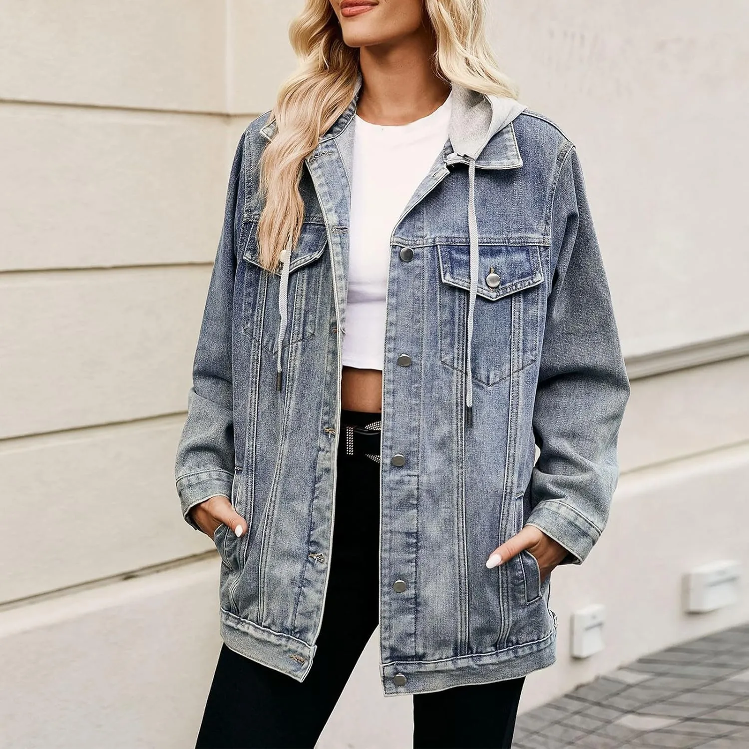 Denim Jacket for Women Oversized Lightweight Trendy Hoodies Jeans Jacket Women Casual Dressy Plus Size Trucker Jacket