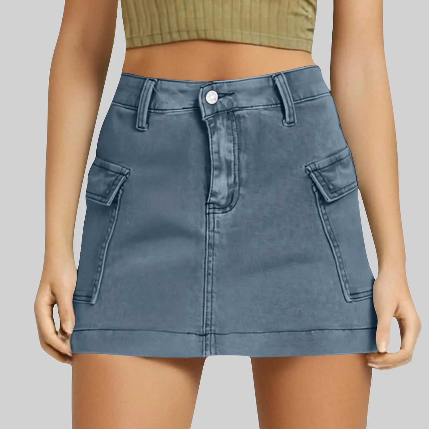 Denim Mini Skirts for Women Y2K Trendy Button High Waist Jean Skirts Casual Stretch Slim Fit Cargo Skirt with Pockets
