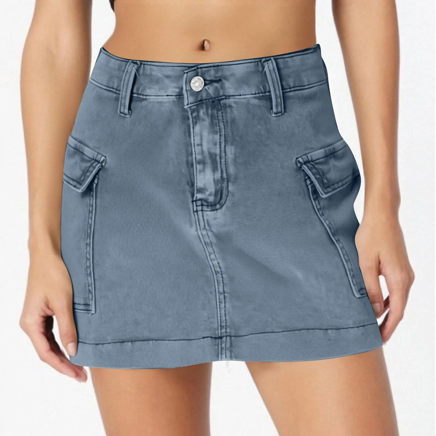Denim Mini Skirts for Women Y2K Trendy Button High Waist Jean Skirts Casual Stretch Slim Fit Cargo Skirt with Pockets