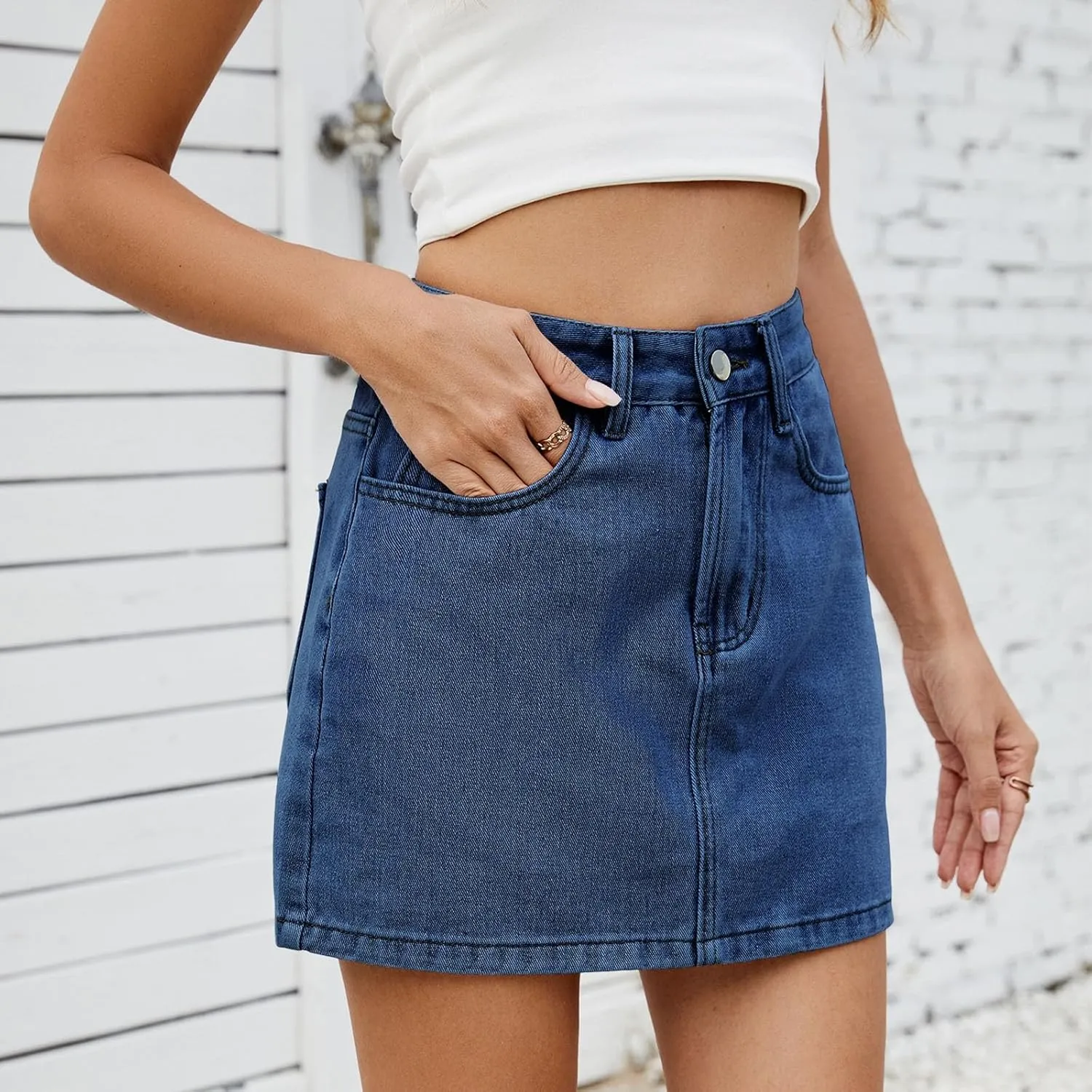 Denim Mini Skirts for Women Y2K Trendy Button High Waist Jean Skirts Casual Stretch Slim Fit Cargo Skirt with Pockets