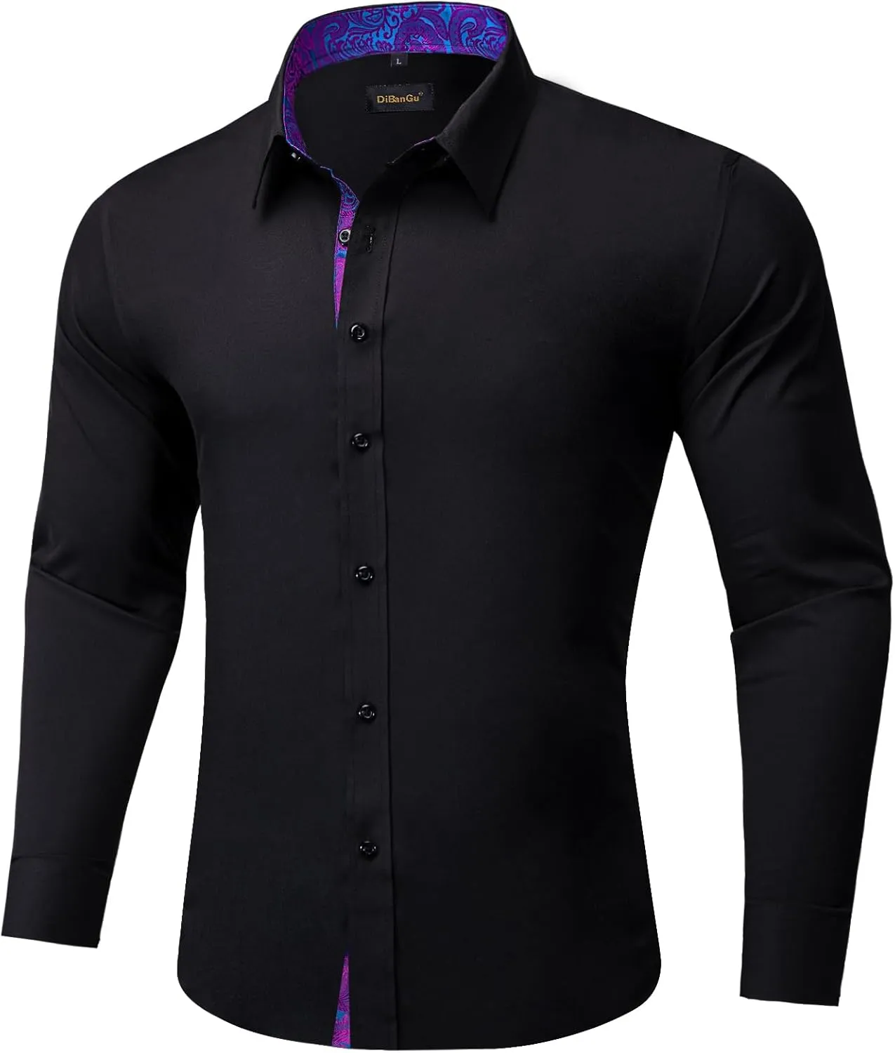 DiBanGu Mens Dress Shirts Solid Long Sleeve Button Down Shirts Regular Fit Inner Contrast Formal Shirts Wedding Business