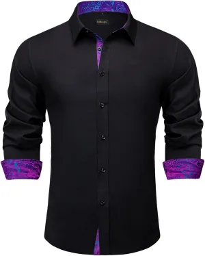 DiBanGu Mens Dress Shirts Solid Long Sleeve Button Down Shirts Regular Fit Inner Contrast Formal Shirts Wedding Business