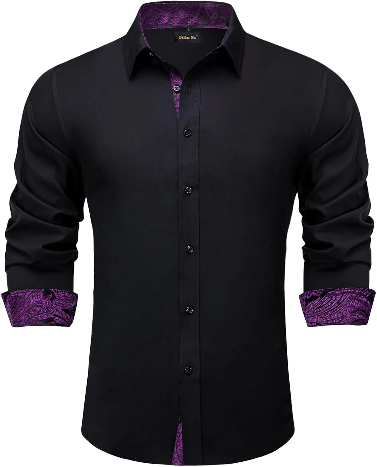 DiBanGu Mens Dress Shirts Solid Long Sleeve Button Down Shirts Regular Fit Inner Contrast Formal Shirts Wedding Business