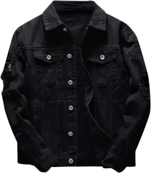Distressed Denim Jacket Men Denim Jacket Ripped Slim Jean Jacket Coat Solid Color Button Down Trucker Jackets