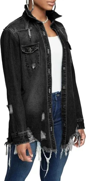Distressed Jean Jacket Women Long Sleeve Classic Distressed Butterfly Jean Trucker Jackets 2025 Trendy