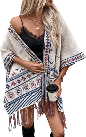 ebossy Women's Boho Open Front Poncho Sweaters Elegant Tassels Embroidery Wool Blend Cape Cardigan Coat