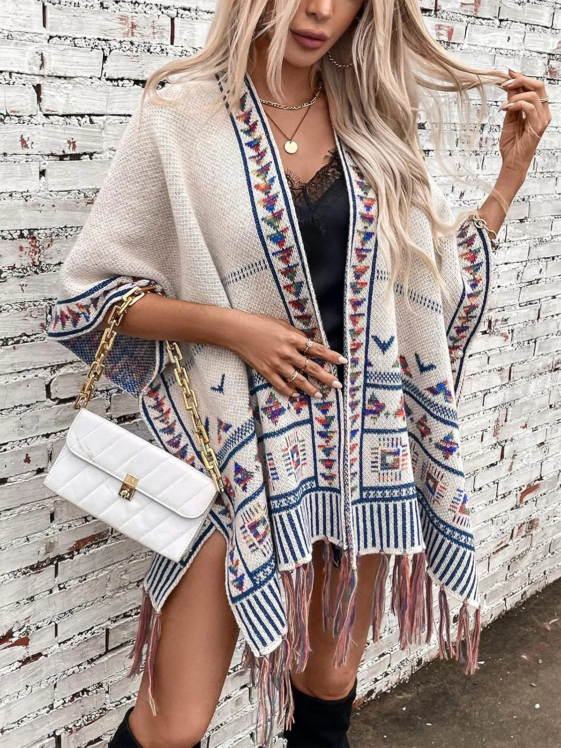ebossy Women's Boho Open Front Poncho Sweaters Elegant Tassels Embroidery Wool Blend Cape Cardigan Coat